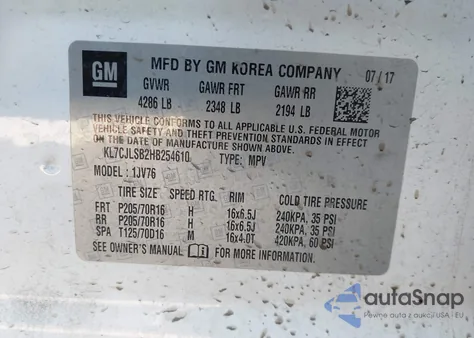 2017 Chevrolet Trax Lt from USA, damaged, VIN KL7CJLSB2HB254610